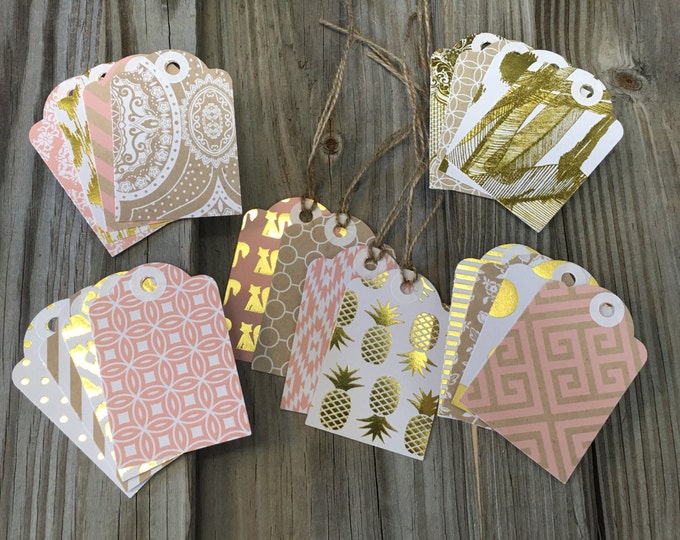 20- Assorted Gold Foiled Accent Gift Tags (3"x 2") w/Jute Twine - Matching Blank Mini Note Cards Available-Tags/Favor Tags/Birthday/Showers