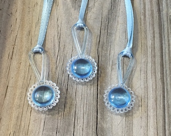 12 - Blue Acrylic Baby Rattle Favor Charm Necklaces-Baby Boy - Games/Decorations/Gift Tags/Favors/Ornaments  - Baby Shower - Ribbon Included