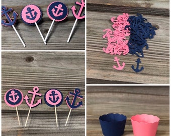 Navy Blue & Coral Anchor Party Pack-Includes: Cupcake Wrappers and Toppers, Food/Party Picks and Confetti-GREAT VALUE-Wedding/Shower/Party