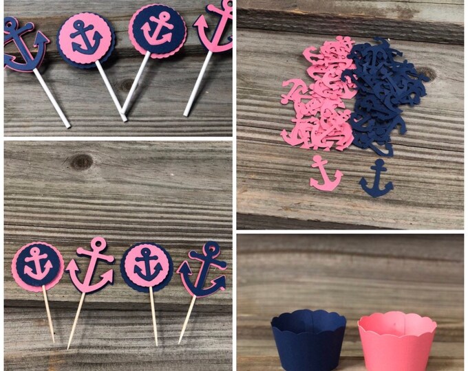 Navy Blue & Coral Anchor Party Pack-Includes: Cupcake Wrappers and Toppers, Food/Party Picks and Confetti-GREAT VALUE-Wedding/Shower/Party