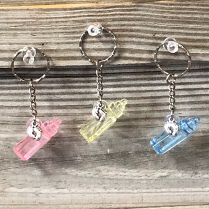 Pink, Blue & Yellow Acrylic Baby Bottle Favor Keychains w/Silver Accent Baby Feet Charm-Games/Decorations/Gifts/Favors/Ornaments-Baby Shower