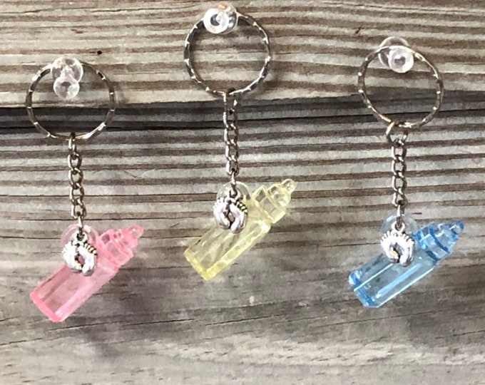 Pink, Blue & Yellow Acrylic Baby Bottle Favor Keychains w/Silver Accent Baby Feet Charm-Games/Decorations/Gifts/Favors/Ornaments-Baby Shower