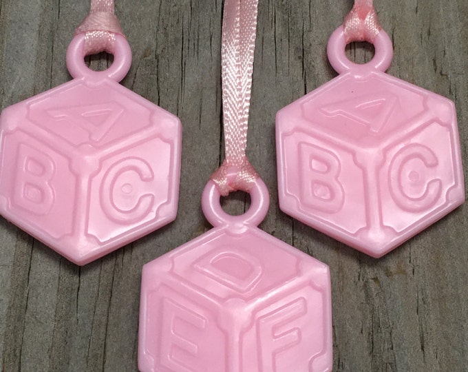 12 - Pink Baby Block Party Favor Charm Necklaces - Baby Girl - Games/Decoration/Gift Tags/Scrapbook  - Baby Shower - Ribbon Included