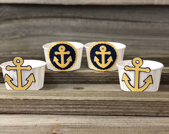 Set of 12 - Gold and Navy Blue Anchor Party/Treat Snack Cups - Baby Shower/Birthday/Wedding Party Favors - Decorations/Nautical - 2 Designs