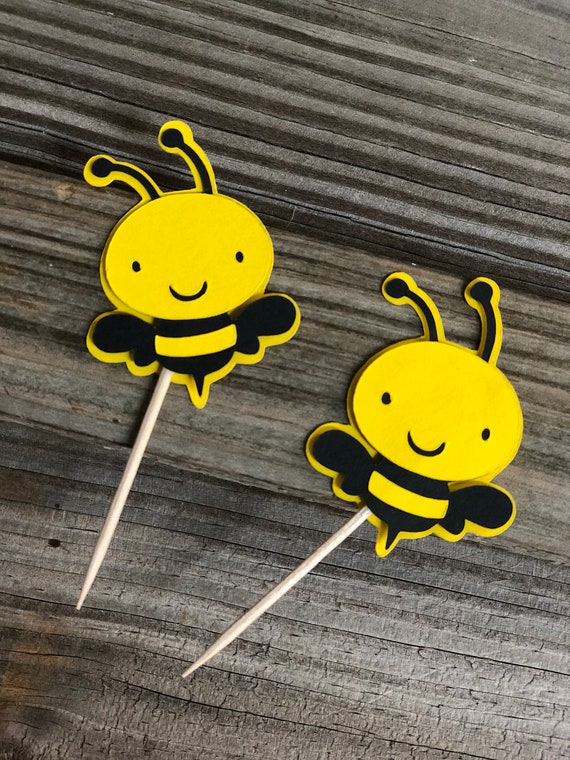 Set of 6 Yellow, Black and Fuchsia BUMBLE BEE Decorations On Wooden  Sticks-Birthday Party/Baby Shower-Table Decorations (4 Sizes) Girl Bee