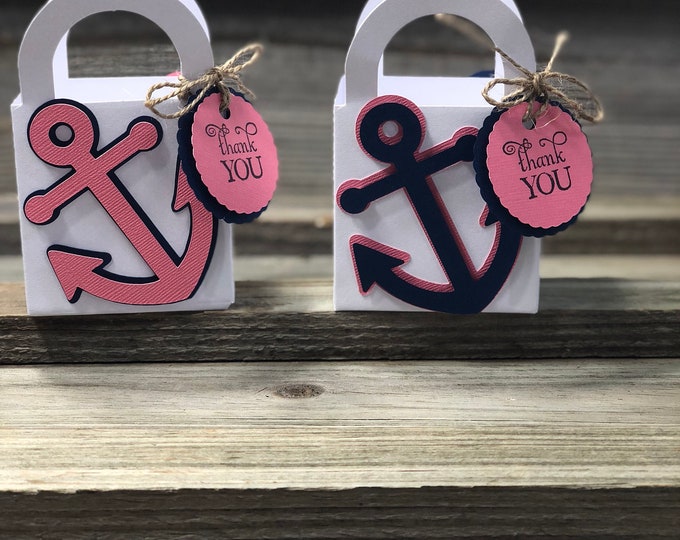 Set of 12 - Coral and Navy Blue Anchor Favor Bags with Handles - Baby Shower/Birthday Party - Favors - Treat Bags - Decorations/Nautical