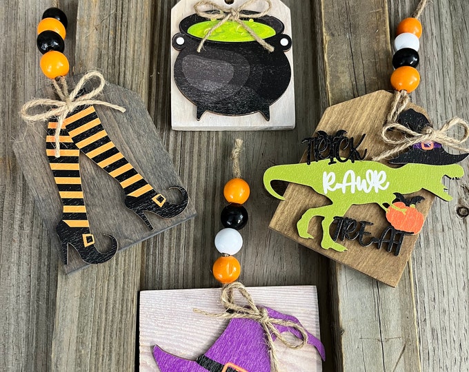 4 Piece Set - Halloween Witch Themed Wooden Ornament Set - Farmhouse- Country - Tier Tray - Accent Pieces - Wall Decoration - Handmade