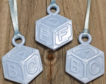 12 - Blue Baby Block Party Favor Charm Necklaces - Baby Boy - Games/Decoration/Gift Tags/Scrapbook  - Baby Shower - Ribbon Included