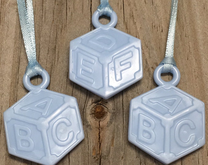 12 - Blue Baby Block Party Favor Charm Necklaces - Baby Boy - Games/Decoration/Gift Tags/Scrapbook  - Baby Shower - Ribbon Included