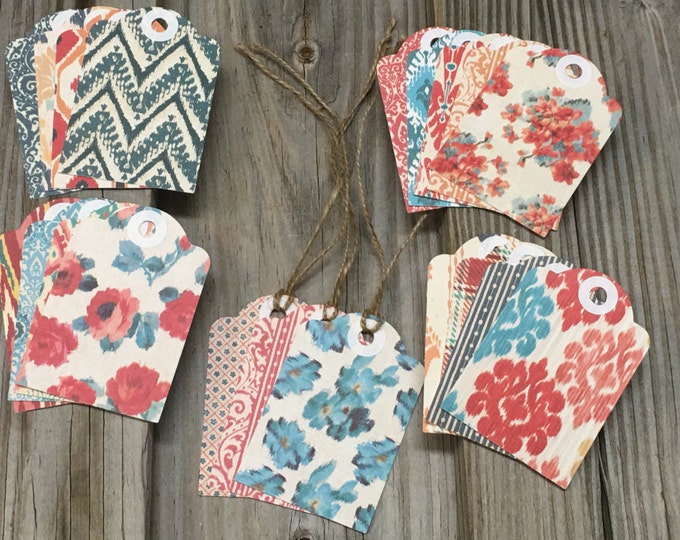 20-Assorted Vintage Textile Print Gift Tags (3"x 2") w/Jute Twine -Matching Blank Mini Note Cards Available-Tags/Favor Tags/Birthday/Showers