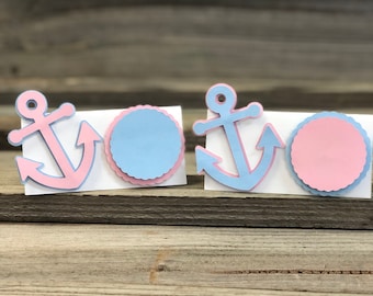 Baby Pink & Blue Anchor Place Cards: Nautical Baby Shower Decor (Set of 12)
