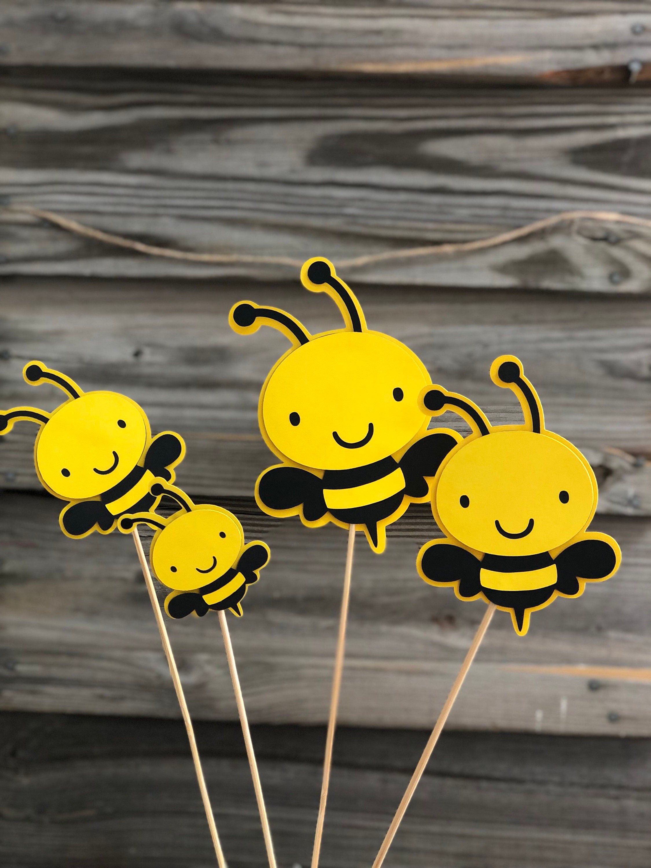 Set Of 6 Yellow And Black Bumble Bee Decorations On Wooden Sticks