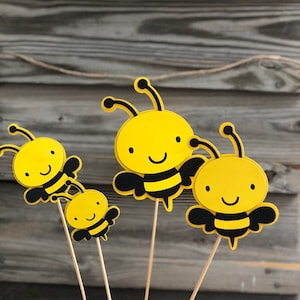 Set of 6 Yellow and Black BUMBLE BEE Decorations On Wooden Sticks - Birthday Party/Baby Shower - Table Decorations (4 Sizes to Choose From)