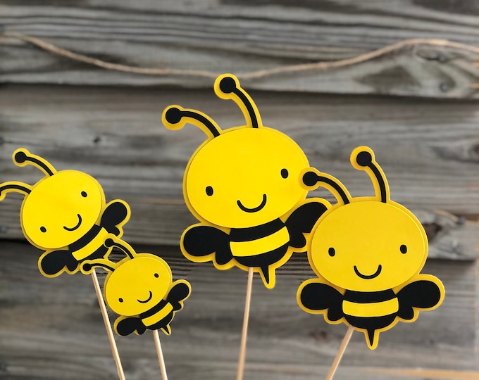Set of 6 Yellow and Black BUMBLE BEE Decorations On Wooden Sticks - Birthday Party/Baby Shower - Table Decorations (4 Sizes to Choose From)