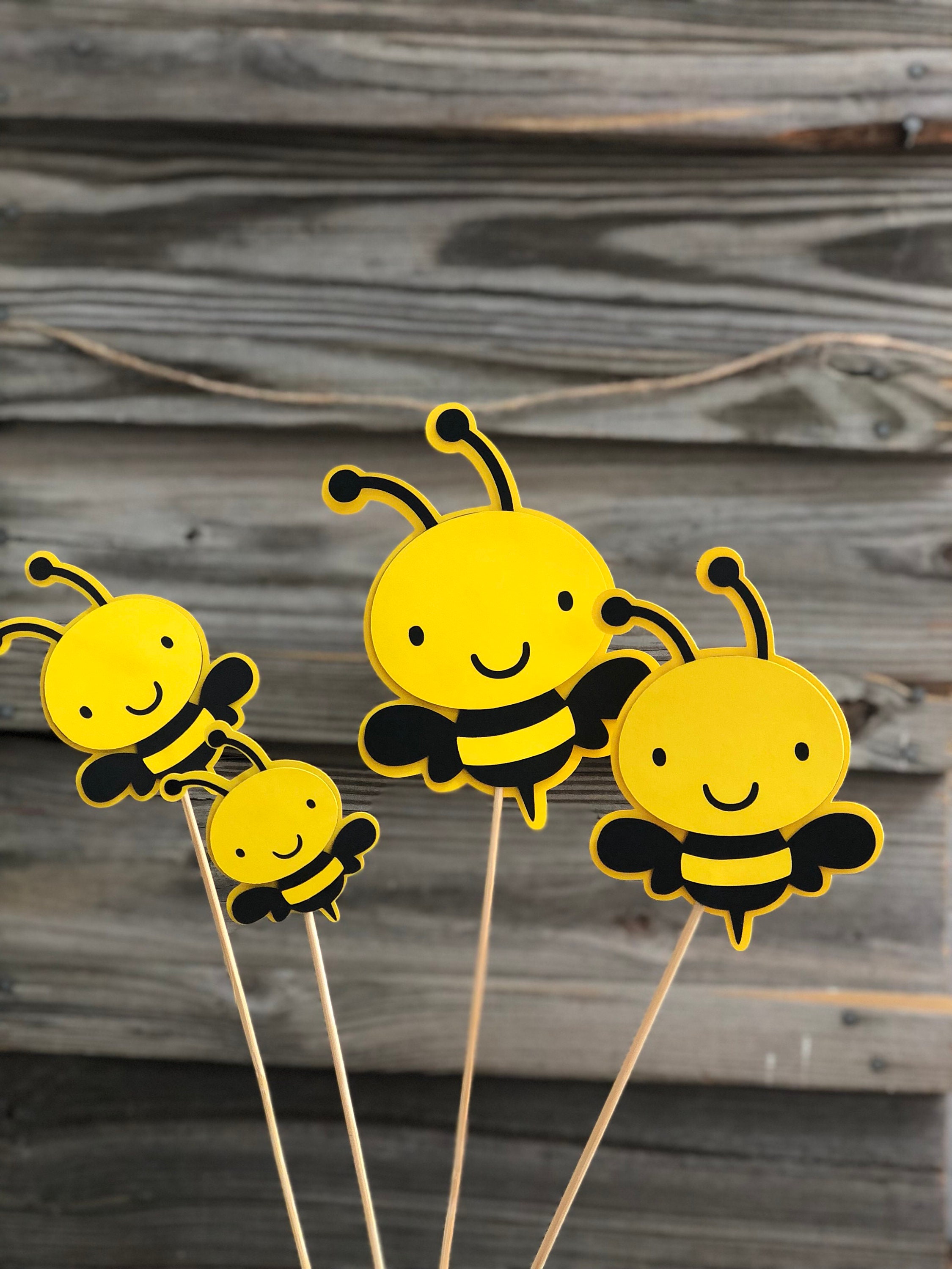 Set of 6 Yellow and Black BUMBLE BEE Decorations On Wooden Sticks -  Birthday Party/Baby Shower - Table Decorations (4 Sizes to Choose From)