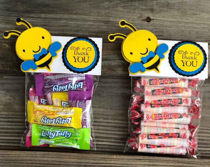 Set of 12 - Yellow, Black & Bright Blue BUMBLE BEE Favor Bag Toppers w/Cellophane Treat/Favors Bags - Baby Shower/Birthday Party - Boy Bee
