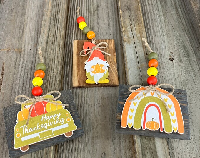 3 Piece Set - Gnome Fall Thanksgiving Wooden Ornament Set - Farmhouse - Country - Tier Tray - Accent Pieces - Wall Decoration - Handmade