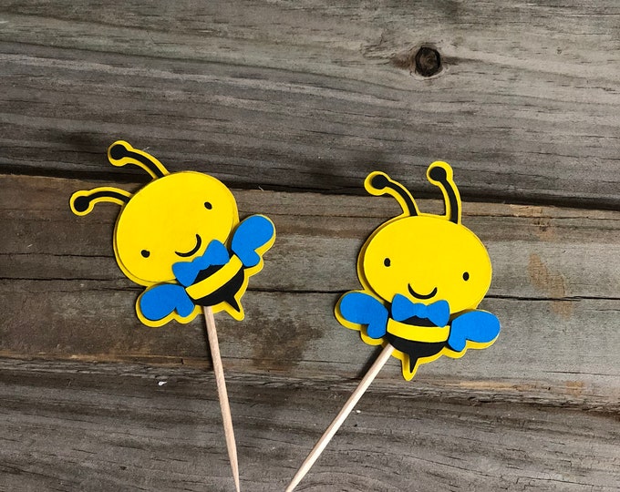 Yellow, Black and Bright Blue BUMBLE BEE Food/Party Picks - Baby Shower/Birthday Party - Decorations/Favors - Boy Bee