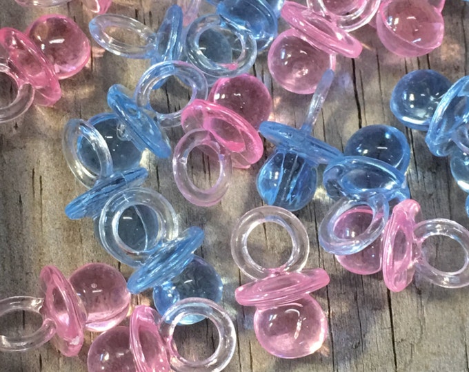 24 - Acrylic Baby Pacifier Favors in Blue AND Pink - Charms-Gender Reveal/Twins -Games/Decorations/Gift Tags/Favors/Ornaments - Baby Shower