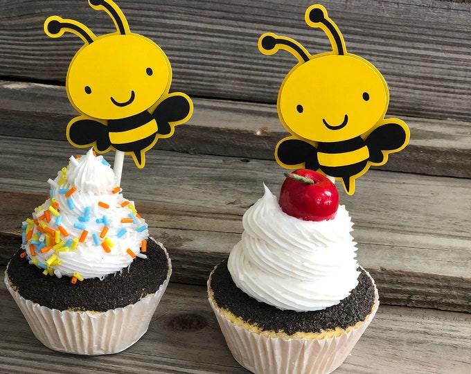 Set of 12 - Yellow and Black BUMBLE BEE Cupcake Toppers - Baby Shower/Birthday Party - Decorations/Favors/Centerpiece - Boy/Girl