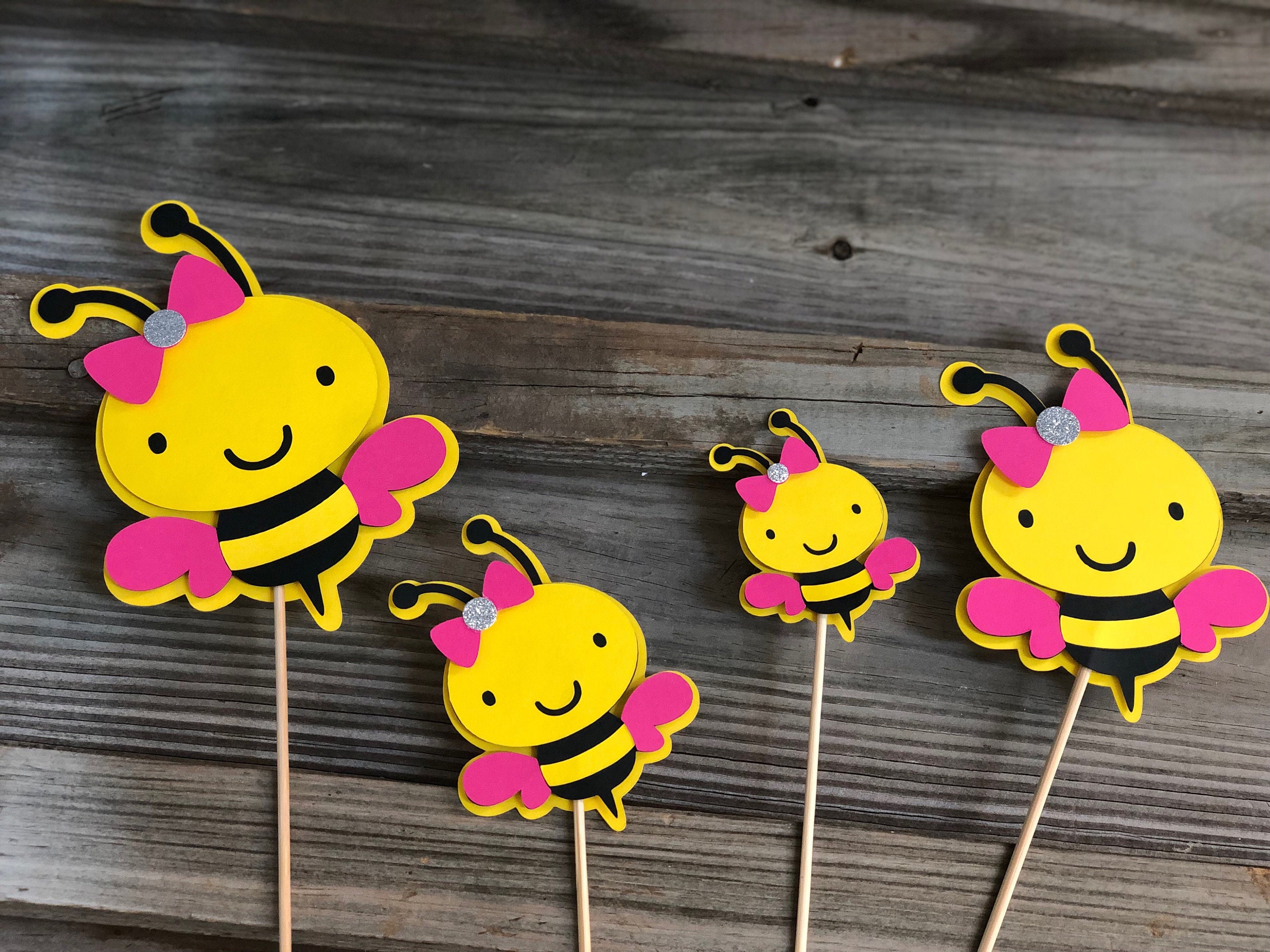 Set of 6 Yellow, Black and Fuchsia BUMBLE BEE Decorations On Wooden  Sticks-Birthday Party/Baby Shower-Table Decorations (4 Sizes) Girl Bee