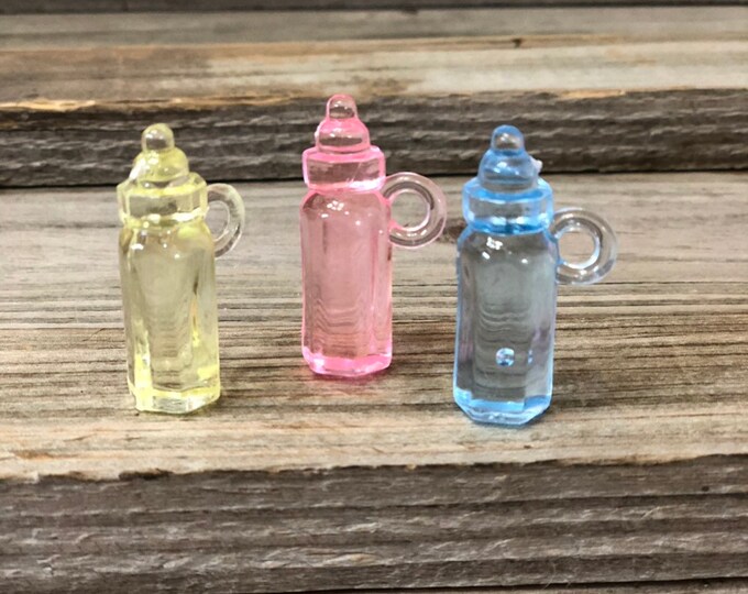 24 - Acrylic Baby Bottle Favor Charms in Pink, Blue AND Yellow - Gender Neutral - Games/Gift Tags/Favors/Decorations - Baby Shower