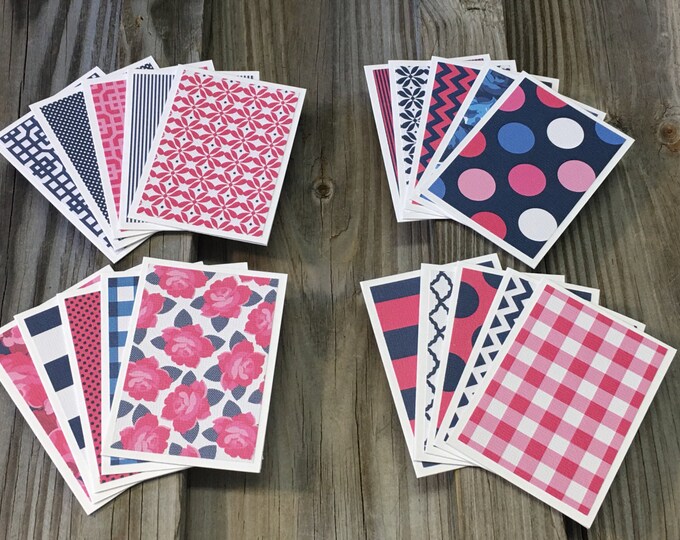20-Assorted Pink & Navy Blank Mini Note Cards (3 1/2"x2 1/2")w/Envelopes-Matching Tags Also Available -Gifts/Thank You Cards/Lunch Box Cards