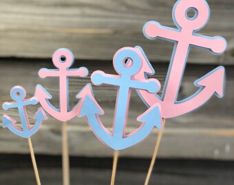 Set of 6 Baby Pink and Baby Blue Anchor Decorations On Wooden Sticks - Baby Shower/Birthday Party Table Decorations (4 Sizes to Choose From)