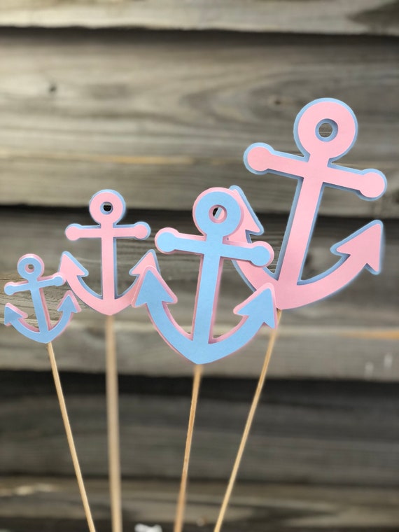 Set Of 6 Baby Pink And Baby Blue Anchor Decorations On Wooden Etsy
