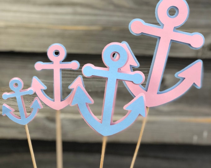 Set of 6 Baby Pink and Baby Blue Anchor Decorations On Wooden Sticks - Baby Shower/Birthday Party Table Decorations (4 Sizes to Choose From)