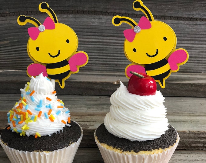 Set of 12 - Yellow, Black & Fuchsia BUMBLE BEE Cupcake Toppers - Baby Shower/Birthday Party - Decorations/Favors/Centerpiece - Girl Bee