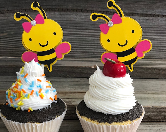 Set of 12 - Yellow, Black & Fuchsia BUMBLE BEE Cupcake Toppers - Baby Shower/Birthday Party - Decorations/Favors/Centerpiece - Girl Bee