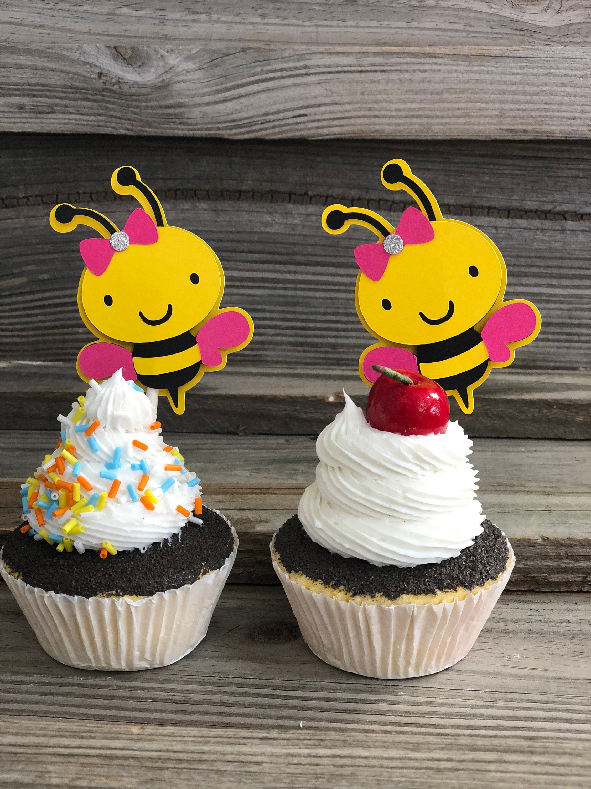 Set of 12 - Yellow, Black & Fuchsia BUMBLE BEE Cupcake Toppers - Baby  Shower/Birthday Party - Decorations/Favors/Centerpiece - Girl Bee