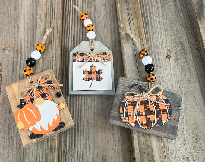 3 Piece Set - Gnome Fall Wooden Ornament Set - Farmhouse - Country - Buffalo Plaid - Tier Tray - Accent Pieces - Wall Decoration - Handmade