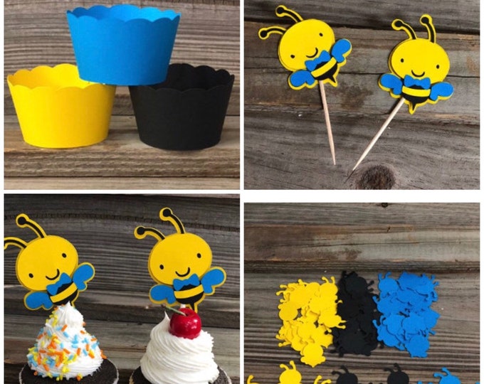 Yellow, Black & Blue Boy Bumble Bee Party Pack-Includes:Cupcake Wrappers/Toppers, Food/Party Picks and Confetti-GREAT VALUE-Shower/Party