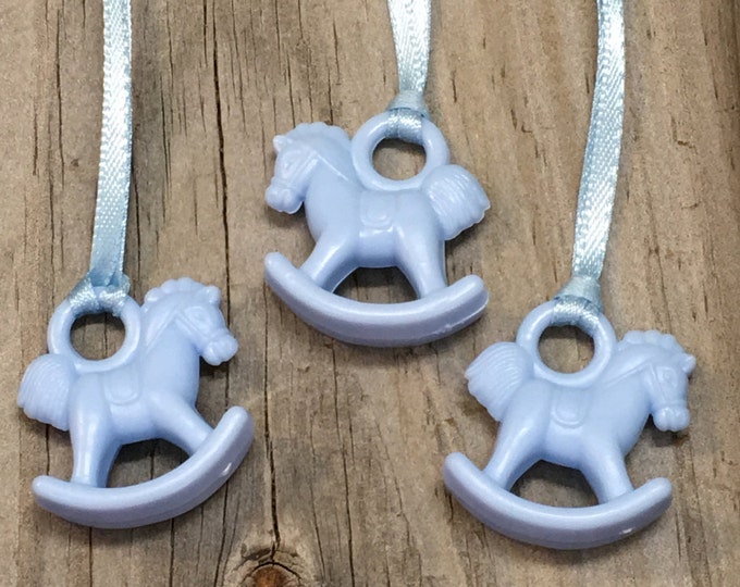12 - Blue Rocking Horse Favor Charm Necklaces - Baby Boy - Games/Gift Tags/Favors/Ornaments  -Baby Shower-Ribbon Included