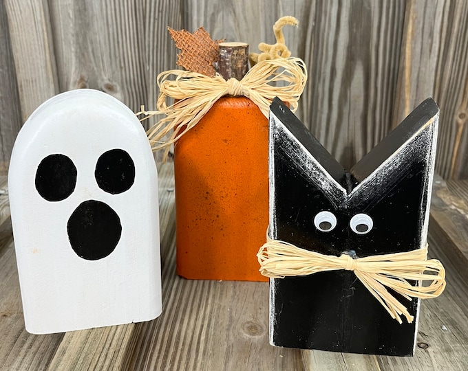 3 Piece Set - Halloween Wooden Block Decorations - Rustic Farmhouse-Country - Pumpkin/Black Cat/Ghost - Tier Tray - Accent Pieces - Handmade