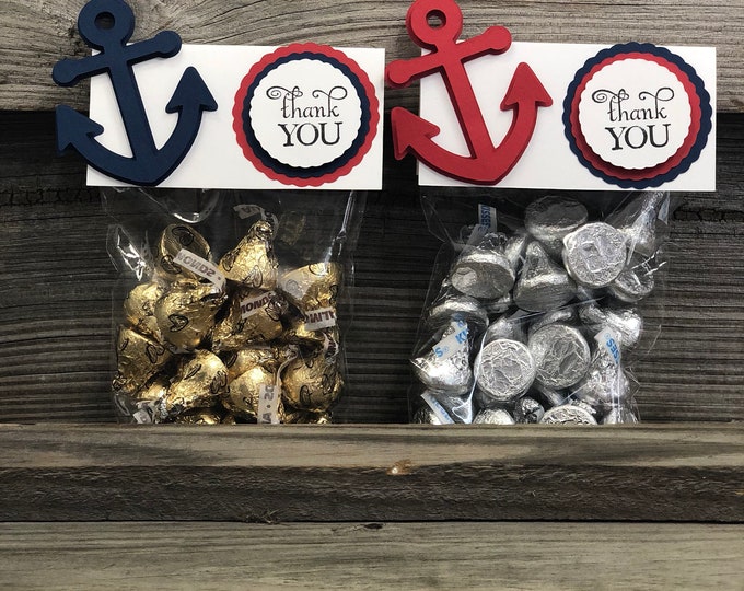 Set of 12 Red, White and Blue Anchor Favor Bag Toppers-Cellophane Treat/Favor Bags Included-Baby Shower/Birthday Party Favors - Nautical