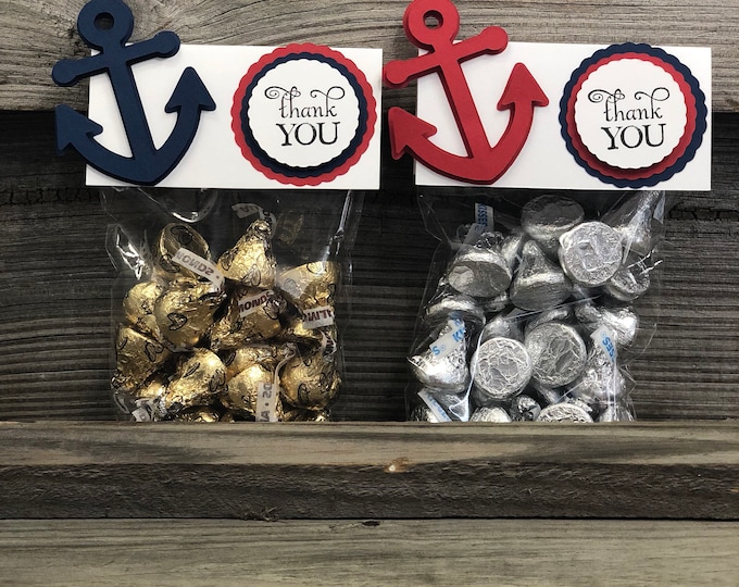 Set of 12 Red, White and Blue Anchor Favor Bag Toppers-Cellophane Treat/Favor Bags Included-Baby Shower/Birthday Party Favors - Nautical