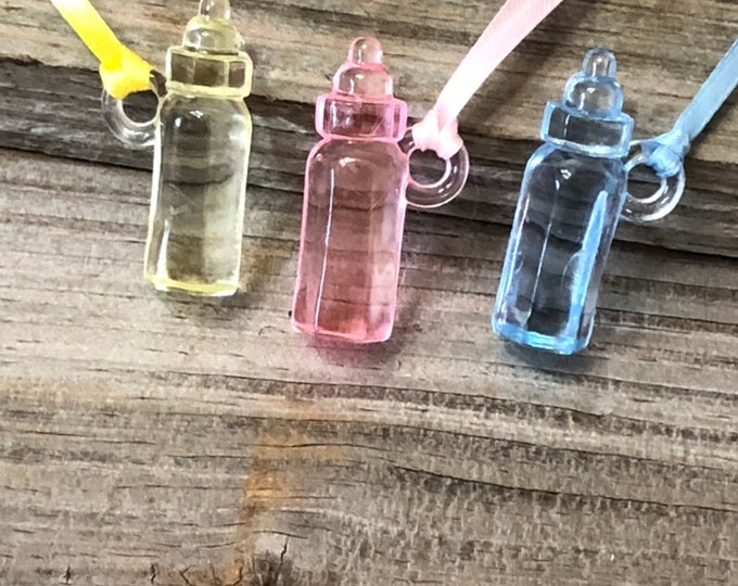 12 - Acrylic Baby Bottle Charm Necklaces in Blue, Pink & Yellow-Game/Decoration/Gift Tag/Favor/Ornament-Baby Shower-Ribbon Included