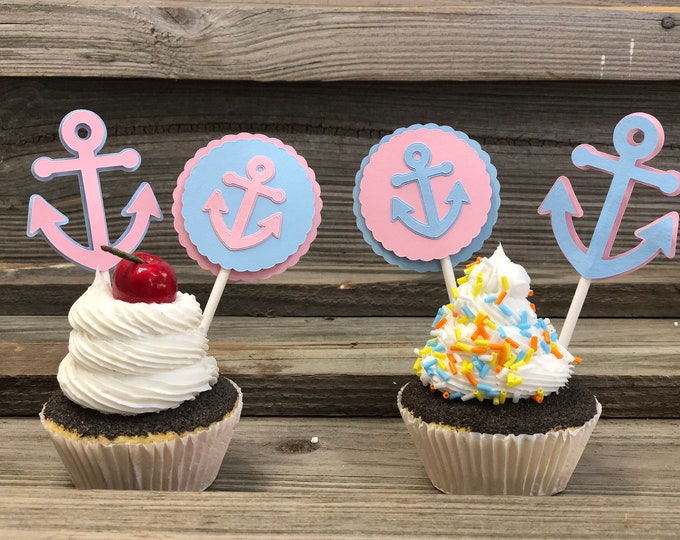 Set of 12 - Baby Pink and Baby Blue Anchor Cupcake Toppers-Baby Shower/Birthday Party-Decorations/Favors/Centerpieces - Nautical - 2 Designs