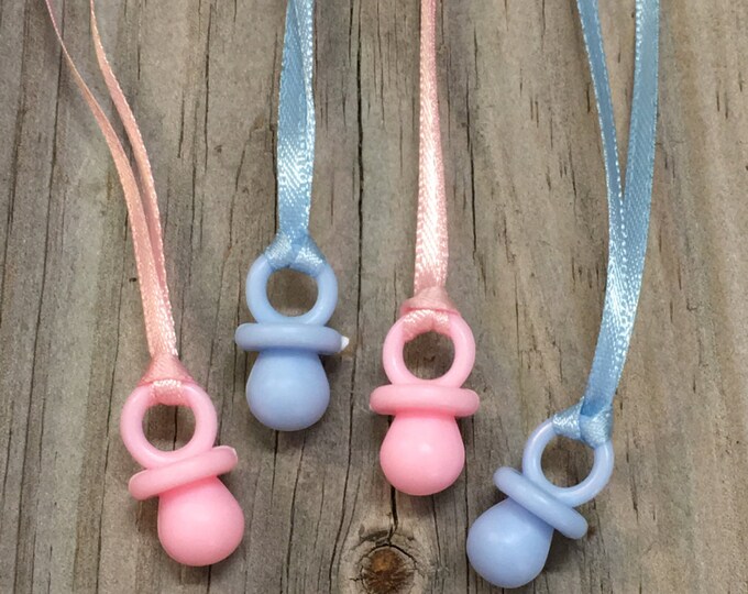 12 - Baby Pacifier Favor Charm Necklaces in Pink AND Blue - Boy/Girl/Gender Reveal/Twins - Games/Decorations/Gift Tags/Favors  - Baby Shower