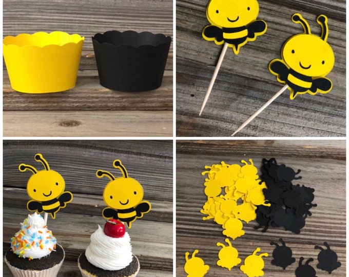 Yellow & Black Bumble Bee Party Pack-Includes: Cupcake Wrappers and Toppers, Food/Party Picks and Confetti-GREAT VALUE-Baby Shower/Party