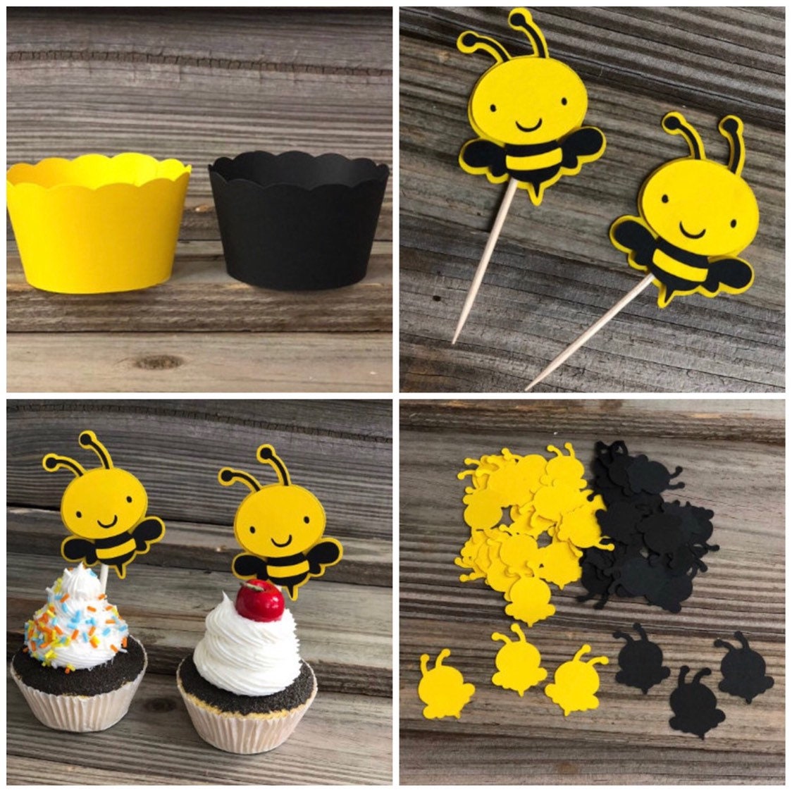 Set of 12 - Yellow, Black & Fuchsia BUMBLE BEE Cupcake Toppers - Baby  Shower/Birthday Party - Decorations/Favors/Centerpiece - Girl Bee