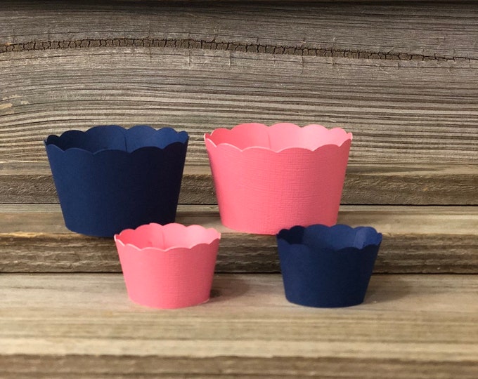 SET OF 12 Coral and Navy Blue Cupcake Wrappers - Baby Shower/Birthday Party/Wedding - Matches Coral and Navy Blue Design - 2 Sizes
