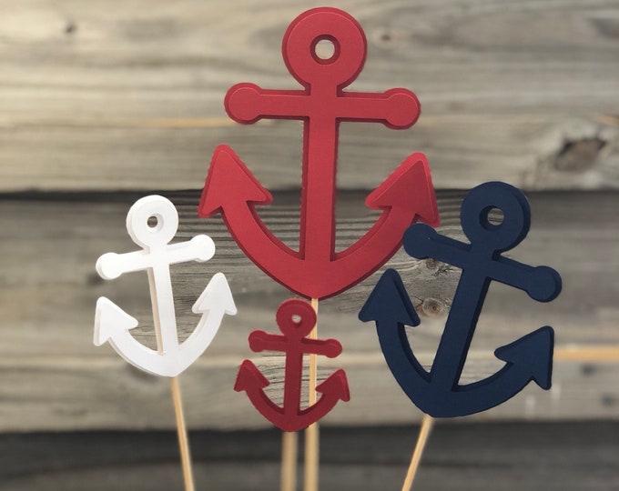 Set of 6 Red, White and Blue Anchor Decorations On Wooden Sticks - Baby Shower/Birthday Party Table Decorations (4 Sizes to Choose From)