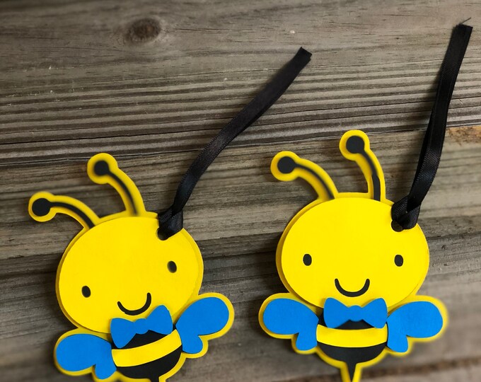 Set of 12 - Yellow, Black & Bright Blue BUMBLE BEE  Favor/Gift Tags - Baby Shower/Birthday Party - Decorations/Favors - Boy Bee