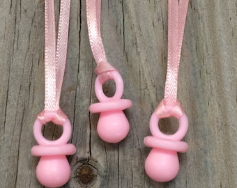 Pink Baby Pacifier Charm Necklaces: Baby Shower Favors, Decorations - 12 Pack