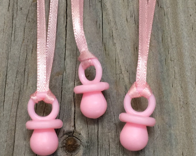 12 - Pink Baby Pacifier Favor Charm Necklaces - Baby Girl - Games/Decorations/Gift Tags/Favors/Ornaments  - Baby Shower - Ribbon Included