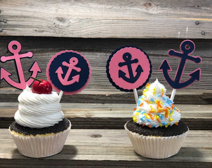 Set of 12 - Coral and Navy Blue Anchor Cupcake Toppers - Baby Shower/Birthday Party - Decorations/Favors/Centerpieces - Nautical - 2 Designs